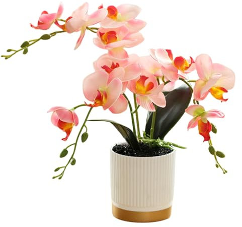 Générique Orchidée Artificielle Orange à Trois Branches en Pot à Fond Doré Phalaenopsis Décoration Fleur en Pot Simulation Blanche Papillon Fleur(Rose)