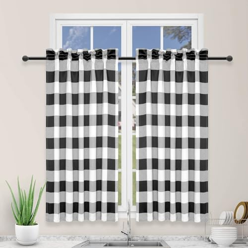 Simple Deluxe Rideaux de Cuisine Buffalo Check - Petit Rideau occultant à Carreaux Vichy - Traitement de fenêtre pour Demi-fenêtre de café, 66 cm de Large x 91,4 cm de Long, Noir et Blanc