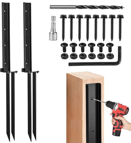 Btowin VCF 2 Pack Fence Post Repair Kit, Fence Post Support Repair Kit, Heavy Duty Black Stainless steel Post Anchor Ground Spike,Repair Stakes for Tilted Broken Wood Support Set of 2 Black