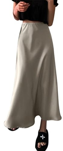 Women Satin Silk Skirt A Line Elastic High Waist Ruffle Long Maxi Skirt Solid Color Mermaid Skirt Formal Evening Party Skirts Grey L