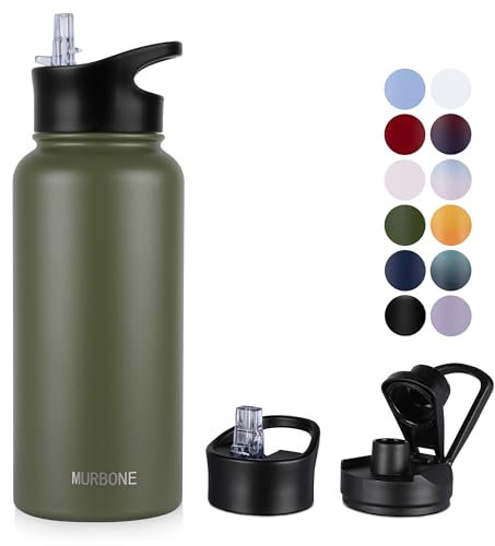 MURBONE Insulated Water Bottle, 1L Stainless Steel Drink Flask with Straw, BPA Free, 2 Lids (Straw Lid and Spout Lid), Leakproof Double Walled Vacuum Water Bottle, Army Green