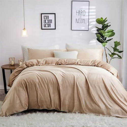 Freyamy Plüsch Bettwäsche 200x220cm 3Teilig Khaki Samt Biber Cashmere Touch Winterbettwäsche Flanell Flauschige Wendebettwäsche Warme Bettbezug mit Reißverschluss und 2 Kissenbezug 80x80cm