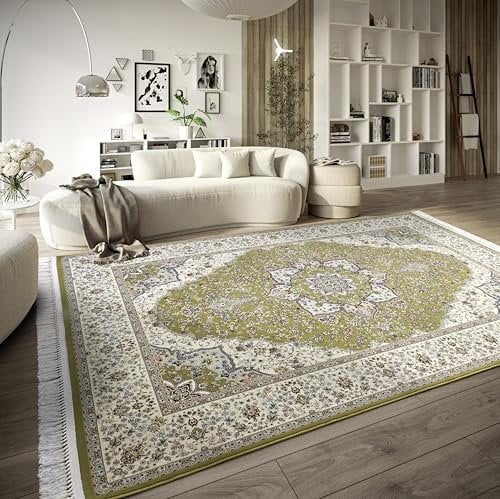 Villeroy & Boch Kurzflor Teppich Etienne - Orientalischer Wohnzimmerteppich - Dicht gewebt mit Fransen - Klassischer Teppich für Wohnzimmer, Schlafzimmer, Esszimmer, Flur – Grün Creme, 190x285cm