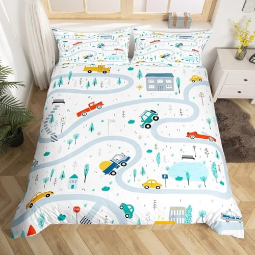 Manfei Cartoon Truck Bettbezug Set S Größe,Jungen Straßenverkehr Tröster Abdeckung Auto Fahrzeug Transport Bettwäsche Set für Kinder Teens Zimmer Dekor,Aquarell Baum Weiß Quilt Cover,1 Kissenbezug