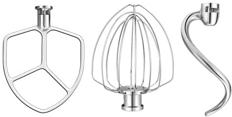 Wiselet Accessoires en acier inoxydable pour batteur KitchenAid de 5 à 6 litres, comprend un fouet à 6 fils, un batteur, un crochet pétrisseur, passe au lave-vaisselle et très résistant, convient pour