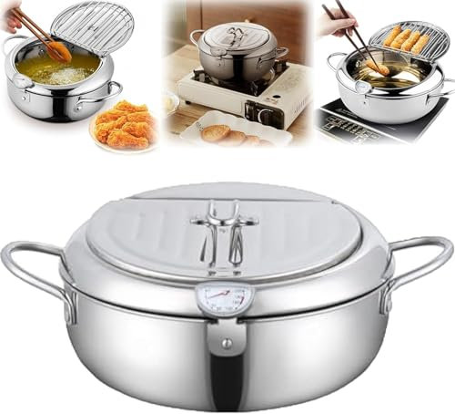 Deep Fryer Pot Extra Large with Temperature Gauge - 304 Stainless Steel Frying Pot with Thermometer and Oil Drip Drainer Rack, Stainless Steel Deep Frying Pan with Lid (24mm)