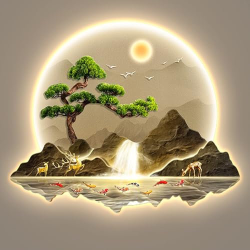 3D-Wandskulpturen als Kunstdekor,Orientalische dekorative Landschaftsmalerei für Wohnzimmer und Flur,Chinesische Wandmalerei mit LED-Licht,Moderne abstrakte Malerei für Büro und Schlafzimmer