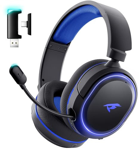 Wireless Gaming Headset, 7.1 Surround Sound, 2.4GHz USB Gaming Kopfhörer mit Bluetooth 5.4, 100H Akku, ENC Noise Canceling Mic, RGB Licht, Wireless Headset für PC PS5 PS4 Mac Switch (Schwarz-Blau)