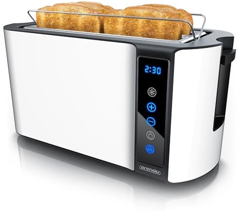 Arendo - Edelstahl Toaster Langschlitz 4 Scheiben- Touchscreen – Doppelwandgehäuse – Integrierter Brötchenaufsatz – 7 Bräunungsgrade – Brotzentrierung – Restzeitanzeige – Memoryfunktion - Weiß Matt