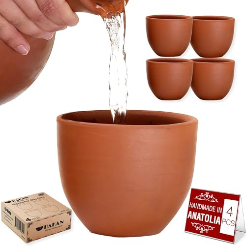 Hakan Kapadokya - Juego de 4 tazas de cerámica hechas a mano, tazas de arcilla para bebidas, maceta de loza, cuencos de arcilla sin esmaltar, tazas de arcilla para beber para decoración, 4 piezas,