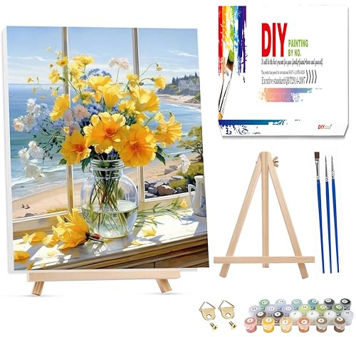 Peinture par numéros encadrée de fleurs pour adultes avec chevalet en bois pour adultes, peinture par numéros pour adultes, fleurs parfaites pour cadeaux et décoration murale d'intérieur, 30,5 x 40,6