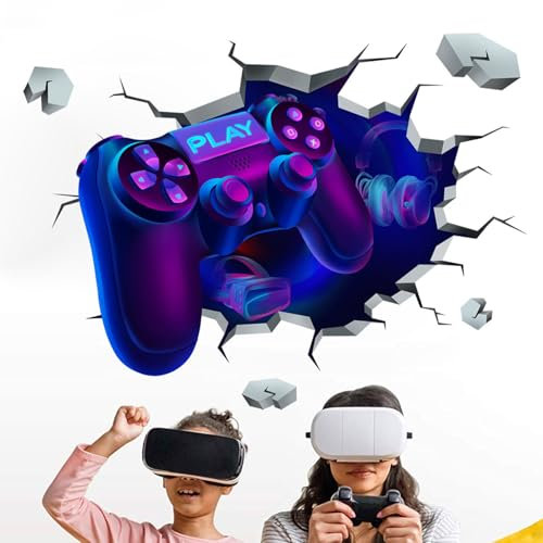 Large 3D Game Wall Decals 3D Broken Wall Stickers Gamer Zone Wall Art Mural Decoration Gaming Joystick Wall Stickers Boys Bedroom Kids Room Playroom Gift Wall Decor