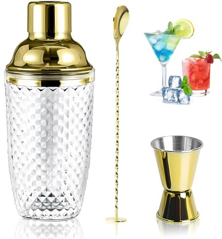 Glas Cocktailshaker 400ml, Klares Glas Gold Cocktail Set, Cocktail Shaker Set mit Edelstahl Mixer und Lecksicher Messbecher, für Familien Bars Milchteeläden Restaurants, Gemischte Säfte, Cocktails