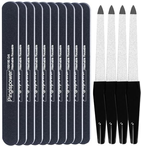 Pingispower Juego de limas de uñas profesionales de 14 piezas, 4 limas de uñas de metal de acero inoxidable de doble cara y 10 limas de uñas coreanas (grano 100/180), kit de herramientas de manicura
