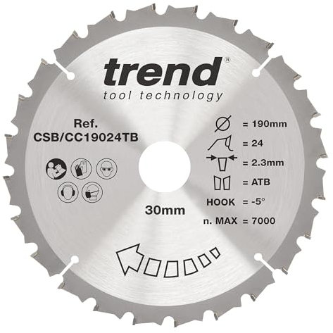 Trend Wood Cordless Mitre Saw Blade, 190mm Diameter, 20mm Bore, 24 Teeth, 1.9mm Kerf, -5° Hook, TCT, Medium Finish, CSB/CC19024T