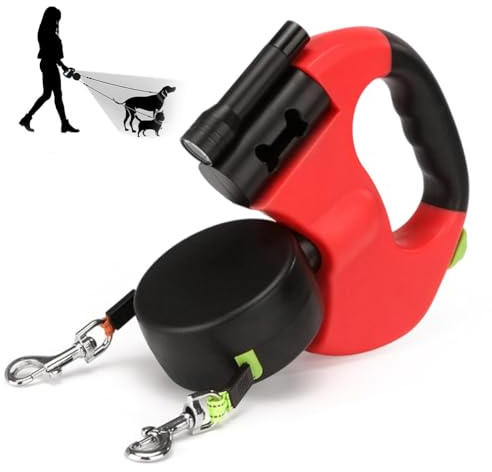CRWEOM Hundeleine Doppelleine für 2 Hunde – Einziehbare Rollleine mit 360° Drehfunktion, LED-Beleuchtung & Reflektierendem Nylon | Ergonomischer Griff, Rot