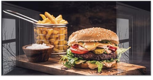 timalo Küchenbild aus Acrylglas modernes Wandbild Glasbild Deko Küche XXL Bild wie Glas | 120x60cm Hamburger, Burger mit Pommes, Essen