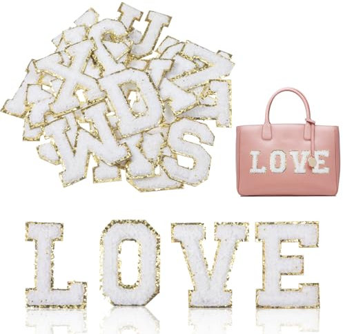 GEEHUA 26 Pcs Self-Adhesive Chenille Letters Patches, White Varsity Letter Patches Stickers Applique Alphabet Patche Initial Patche Stick for DIY Shirts Shoes Jeans Backpacks Hats