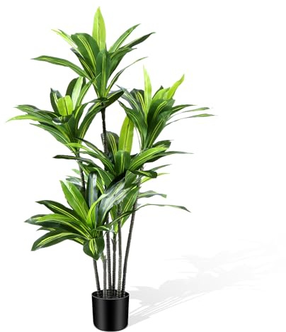 CyanGrove Artificial Dracaena Tree 4FT - Fake Tree with Black Planter - Faux Yucca Tall Fake Floor Plant in Pot - Artificial Plant for Home Office Living Room Decor Indoor