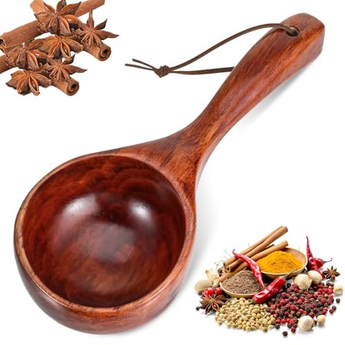 Large Wood Scoop Bath Salt Scoop, 8 Inch Wooden Kitchen Scoops with Hanging Rope Multipurpose Wood Serving Soup for Cooking Stirring, Bath Salt, Round Spoon for Jars and Containers Flour