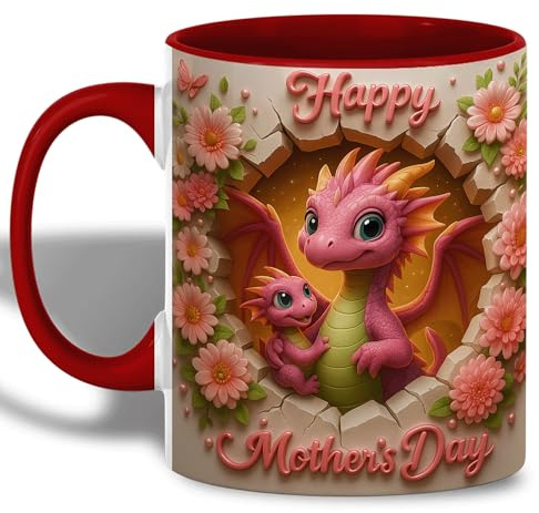 Con frase Taza de café Taza de dragón del día de la madre Decorada Taza de motivo familiar 330ML para Regalo de san Valentín,Oficina,Eventos temáticos,Té time