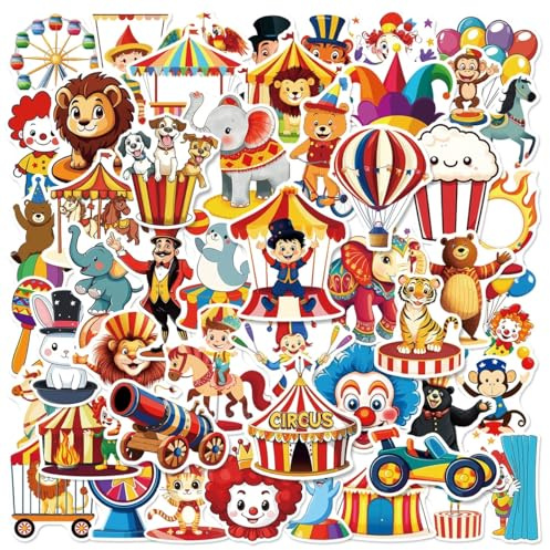 Bric Dodo 50 Stück Der Zirkus Aufkleber Auto Laptop Telefon Gitarre Skateboard Motorrad Fahrrad Circus Stickers Set Vinyl Wasserdicht Aesthetic Aufkleber für Jugendliche Kinder Erwachsene