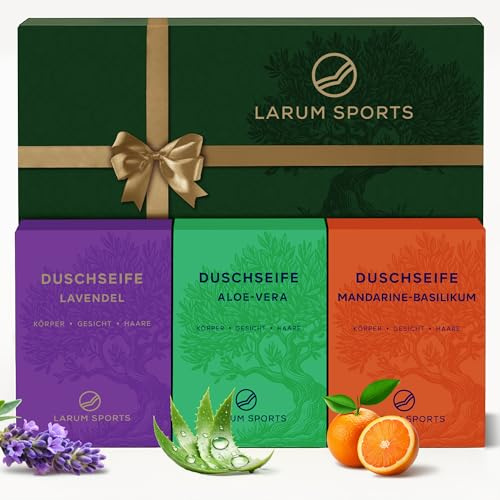 larum sports feste Duschseife Geschenkset Damen – 3 Frauendüfte | Festes Shampoo, Seife Stück, 6 Seifen je 2x Aloe Vera, Lavendel, Mandarine-Basilikum, 3 in 1 Haare Körper Gesicht