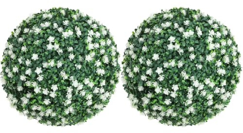 HOMCOM Set of 2 Artificial Topiary Balls with Camellia Flowers 40cm White | Faux Boxwood Balls, Hanging Decoration, for Home, Indoor, Outdoor