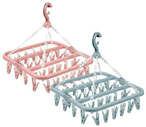 Percha de secado de ropa, 2 perchas de ropa interior con 32 clips, colgador de goteo plegable portátil, gancho giratorio de 360° para ropa, toallas, calcetines, guantes, brasieres, lencería