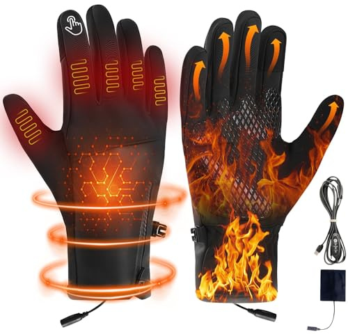 Gants Chauffants pour Homme Femme, Rechargeable Gants Chauffants USB avec Écran Tactile, Imperméables et Antidérapants, 3 Températures Réglables, Gants Hiver pour Velo/Moto/Ski/Travail (A-1 Mode)