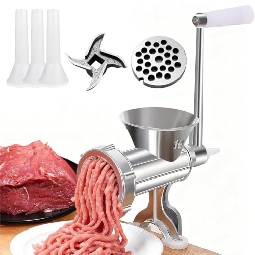Stainless Steel Multifunctional Hand Crank Mincer – Heavy-Duty Meat Grinder, Sausage Stuffer, Vegetable Chopper & Mixer | Easy-Clean, Detachable Parts | Ideal for Mince, Sausages, Garlic, Chilli & Mor