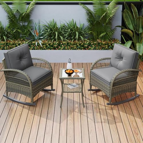 Merax Rattan Balkonmöbel 3-teilig Set– 2 Schaukelstühle mit Beistelltisch,Grau Kissen,Wetterfestes Polyrattan,Stabiler Metallrahmen,bis 160 kg Belastbar,Gartenmöbel Set Loungemöbel für Balkon Terrasse