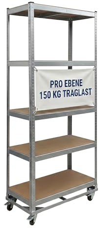 Relaxdays Schwerlastregal auf Rollen, HxBxT: 191 x 90 x 45 cm, 750 kg, 5 Böden, Stahl, Stecksystem, Lagerregal, Silber