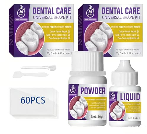 Cemento per Denti, Kit di Riparazione per Denti Rotti o Mancanti, Colla per Denti Finti, con 20 g Polvere e 10 ml Liquido, 30 Volte, Bianco, 2 pezzi