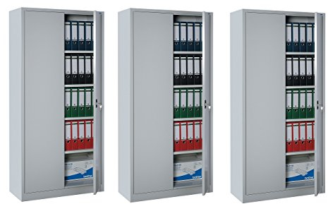 3X Flügeltürenschrank komplett montiert grau 195x92x42cm Metallschrank abschließbar Lagerschrank Aktenschrank 530340