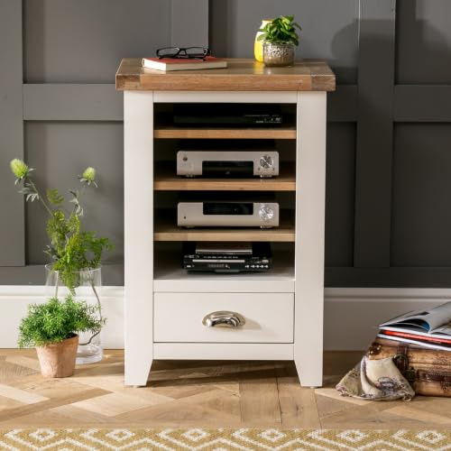 The Furniture Market Cheshire Cream Painted Hi-Fi Media Shelf Unit with Limed Oak Top, Adjustable Shelves and Storage Drawer, Stylish Home Entertainment Stand - H 785mm x W 530mm x D 410mm