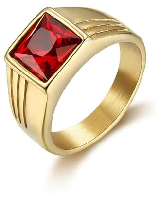 BOBIJOO Jewelry - Bague Chevalière Discrète Homme Gitan Forme Carré Acier Doré Or Fin Plaqué Rubis