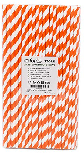 Orange Striped Paper Drinking Straws, 10.25 Inch Long, 100 Counts - for Tall Drinks, Halloween Party - Eco Friendly