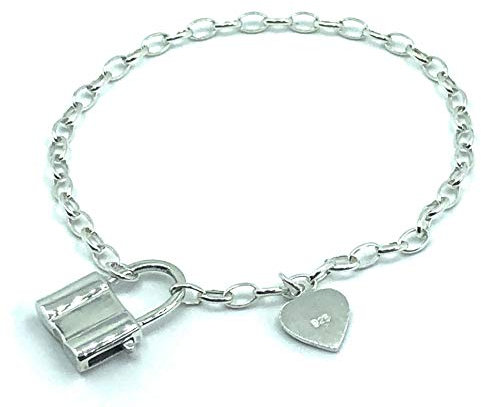 925 STERLING SILVER Heart Padlock Charm Cable Chain Bracelet 7.5 / 19 cm Long