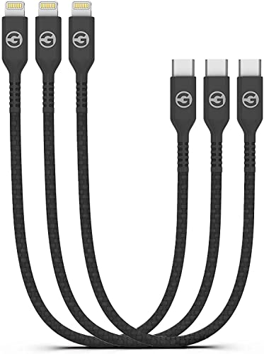 Galvanox Short iPhone Charging Cable (3 Pack) Apple MFi Certified USB C to Lightning 1ft Braided Charger Cords Compatible with iPhone XR/11/12/Pro Max (Red/Grey/Black)