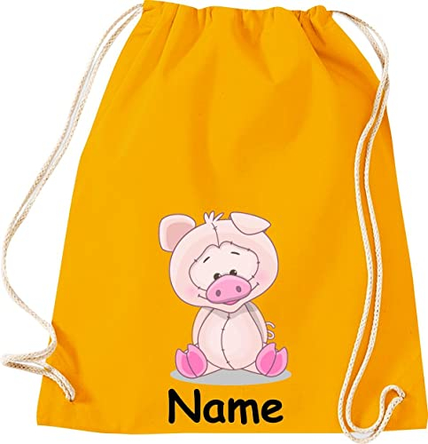 ShirtInStyle Turnbeutel Tiere Schwein Schweinchen mit Wunschnamen, Beutel Tasche Hort Kita, Farbe Mustard