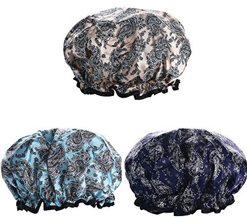 Waterproof Shower Cap 3 PACK, Double Layers Bath Cap with Adjustable Elastic Band, Stylish Shower Cap for Women Long Thick Hair (Multi-colored 1)