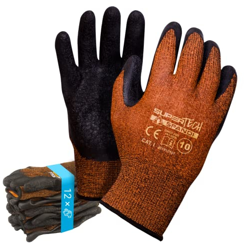 Trevendo 12 Paar Arbeitshandschuhe - Super Tech Spandi - Schwarze Latex-Beschichtung auf Polyester, Größe 8