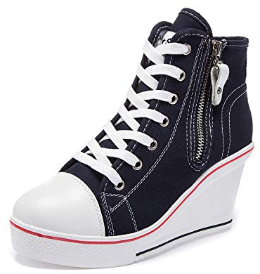 Zoifada Damen Canvas Keilabsatz Schuhe Sneaker mit Absatzhöhe Trunschuhe für Sport Freizeit Laufschuhe mehrere Farben Dunkelblau,39