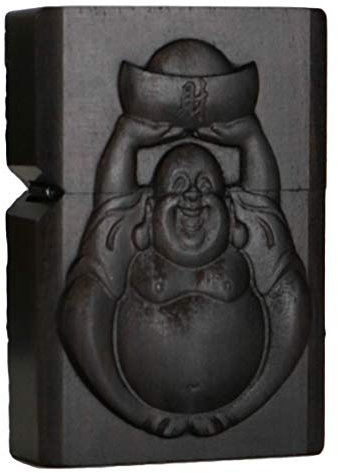 Briquet sculpté en bois d'ébène naturel noir avec boîtier extérieur pour kit d'insertion Zippo (Happy Laugh Maitreya)