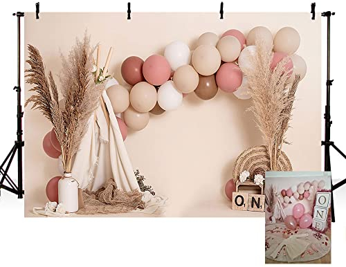 MEHOFOND Fotohintergrund für Mädchen zum 1. Geburtstag, 2,1 x 1,5 m, rosa Luftballons, Boho-Zelt, Stroh, Bohemian-Mottoparty, Hintergrund, Dekoration, Neugeborene, Fotografie-Requisiten, Portrait,