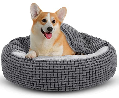 JOEJOY Round Dog Bed Calming Donut Cuddler Pet Bed for Large Medium Small Dogs, Warm Puppy Hooded Dog Cave Bed Cat Bed Medium Washable with Breathable Fluff, Fits Up To 25/30lbs Pets