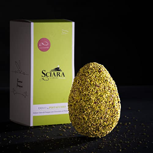 SCIARA - Uovo Artigianale al Pistacchio con Granella 500 g con dolce sorpresa - con il 35% di Pistacchio - Finissimo cioccolato bianco e golosa Pasta pura di Pistacchio