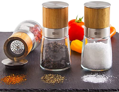 AdHoc Gewürzmühlen Set Akasia | Salz- & Pfeffermühle (Keramikmahlwerk) & Chilischneider (Edelstahl-SchneidWerk) | Akazienholz & Glas | Einstellbarer Mahlgrad | Inkl. Meersalz, Pfeffer & Chili
