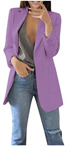 Blazer Damen Einfarbig Slim Fit Jacke Mantel Herbst Freizeit Coat Schuljacke Rever Geschäft Büro Anzüge Elegant Langarm Sakko Blazer mit Tasche (2-Purple, L)